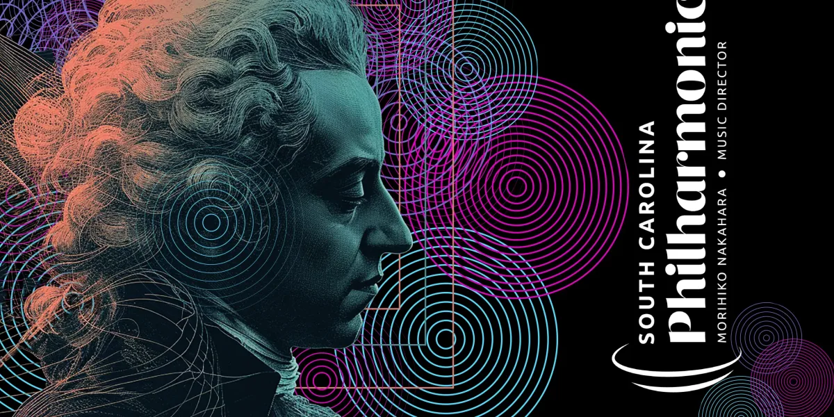 A blue hued male figure looking to the right on top of a black background with purple and blue radial shapes. The South Carolina Philharmonic logo is on the right side of the image.
