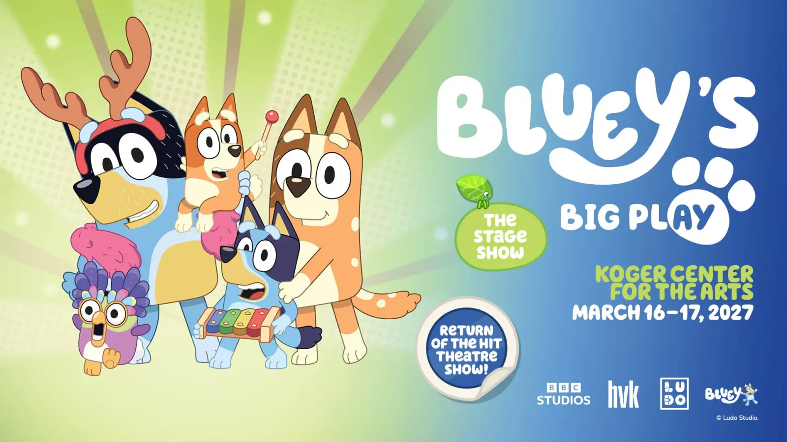 Graphic featuring the cartoon characters from Bluey on a green and blue background. Text reads 